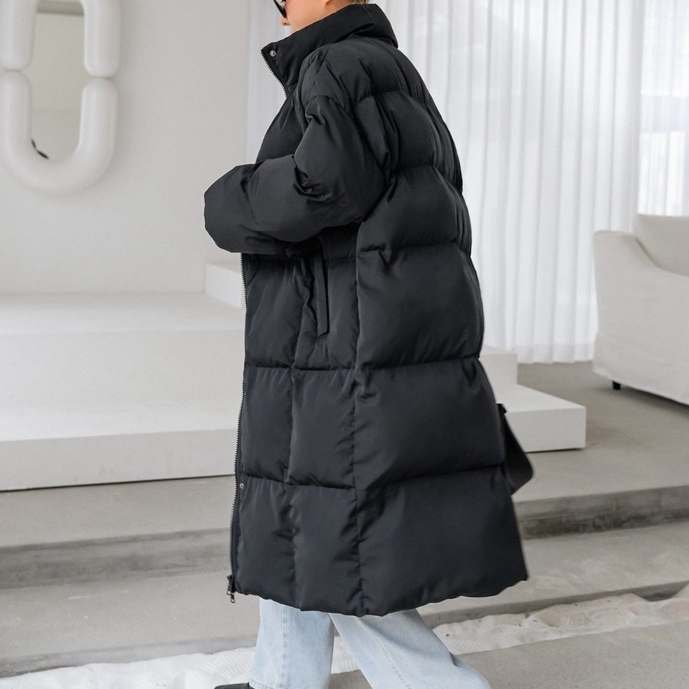 Black Casual Womens Drop Shoulder Slant Pockets Puffer Coat - Picture 2 of 6